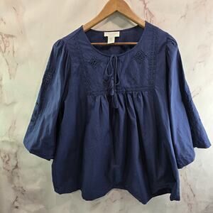 Calypso St Barth Shirt Womens 1X Blue Linen Blend Puff Sleeve Embroidered Navy